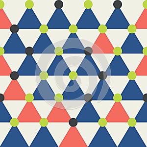 Modern triangle seamless pattern in blue, coral, lime green, creme and black.