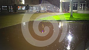 Modern trolley car moving in the street at rainy evening, urban life, metcast