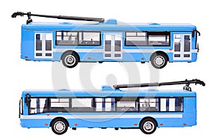 Modern trolleybus toy isolated on white background