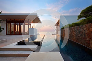 Modern Tropical Island Villa Home With Infinity Swimming Pool At Twilight - Generative AI Image