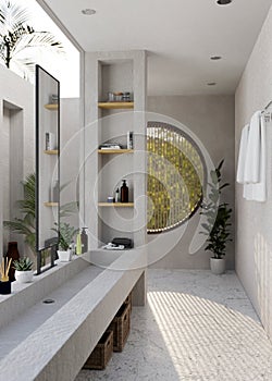 Modern tropical loft bathroom interior design with modern stylish cement sink