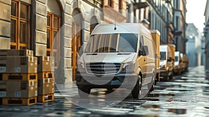 Modern truck filled with shipping boxes in the city, logistics and goods delivery