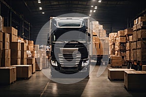 Modern truck filled with shipping boxes in a warehouse. ai generative