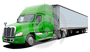 Modern truck Freightliner with green cab.