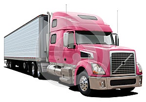 Modern truck Volvo VT880 with semi-trailer and pink cab.