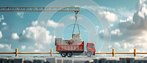 A modern truckmounted crane unloading bricks at a rural construction site. Concept Construction,