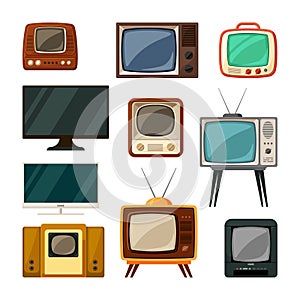 Modern and tube retro televisions set. Plasma smart gadgets and vintage brown tv with small screen old compact signal