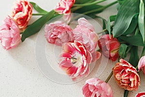 Modern tulips on grey stone background. Happy Valentines day and happy mother\'s day bouquet.