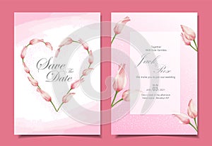 Modern tulips wedding invitation cards template design. Pink color theme with beautiful hand-drawn watercolor flowers