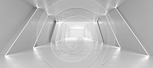 Modern tunnel in futuristic interior with futuristic lighting central perspective 3d render illustration