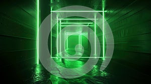 Modern tunnel with lines of green led light, abstract dark garage background. Theme of warehouse, studio, room interior,