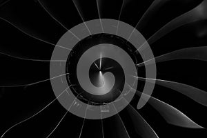 Modern turbofan engine. close up of turbojet of aircraft on black background. blades of the turbofan engine of the