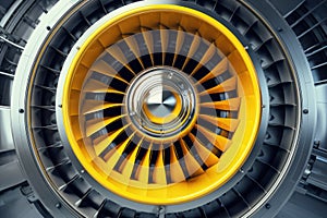 Modern turbofan engine. close up of turbojet of aircraft. Blades of the turbofan engine of the aircraft