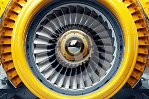 Modern turbofan engine. close up of turbojet of aircraft. Blades of the turbofan engine of the aircraft