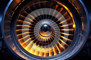 Modern turbofan engine. close up of turbojet of aircraft. Blades of the turbofan engine of the aircraft