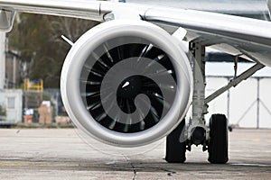 Modern turbofan fanjet airplane engine. Airbreathing jet engine