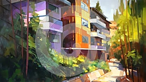 Modern Turkiye suburban apartment architectural illustration painting. Generative AI