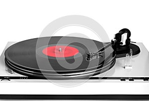 Modern turntable in silver case front view isolated