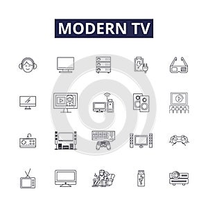 Modern tv line vector icons and signs. LCD, LED, Plasma, HDTV, 4K, Internet, Streaming, 3D outline vector illustration