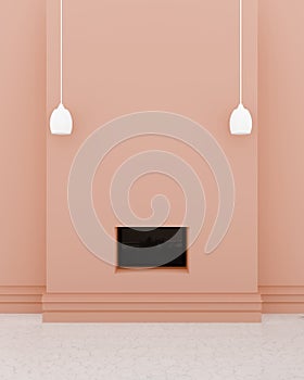 Modern TV room interior, a black TV in the orange wall, 2 lightshade on a wall and marble floor