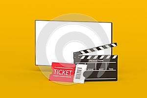 Modern tv with white isolated screen near clapper and ticket