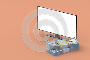 Modern tv with white isolated screen near stack of money