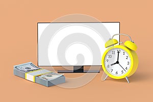 Modern tv with white isolated screen near stack of money and alarm clock
