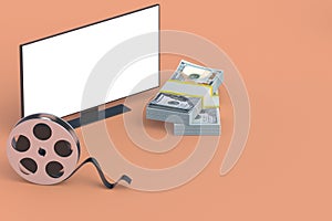 Modern tv with white isolated screen near stack of money and movie reel