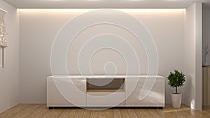 Modern Tv white wood cabinet, in empty room interior background 3d illustration home designs,background shelves and books on the