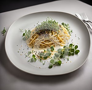 A modern twist on a classic dish, this béchamel is served in an elegant and simple restaurant setting.