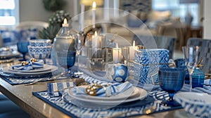 A modern twist on Hanukkah decor fills the table with metallic geometric menorahs sleek glass dreidels and chic blue and