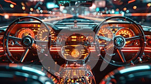 a modern twist on vintage car design: digital dashboard featuring glowing buttons and dials, blending retro style with