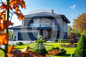 Modern two-storey house with a flat lawn in the yard