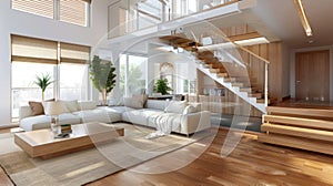 Modern two-story apartment with large living room with a white sofa and a wooden staircase with railings