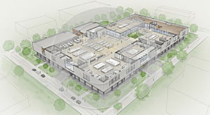 Modern, two-story building design in a rectangular layout, featuring open spaces,