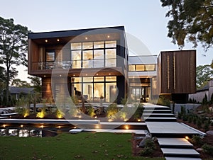 Modern two-story house with beautiful hard and soft landscaping.