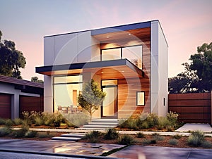 Modern two-story minimalist cubic house with wooden cladding and concrete walls and landscaping design front yard. Residential