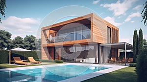 Modern two-story minimalist villa with panoramic windows and a swimming pool in the foreground. Gorgeous home surrounded