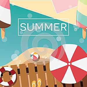 Modern typographic summer poster design with ice cream, beach and geometric elements