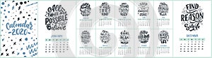 Modern typography lettering compositions. 2020 calendar with funny motivation quotes. Hand drawn illustrations. Trendy slogan,