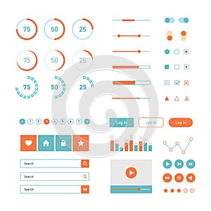 Modern UI flat design vector kit in trendy color with simple mobile phone, buttons, forms, windows and other interface