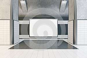 Modern underground interior with empty white mock up billboard commercial poster and tile walls. Subway, metro and urban under