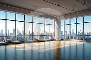 Modern unfurnished office loft featuring stunning cityscape through glass window