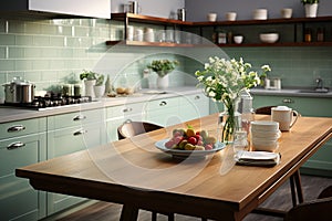 Modern, upscale kitchen featuring a sage green counter cabinet and induction