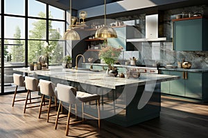 Modern, upscale kitchen featuring a sage green counter cabinet and induction