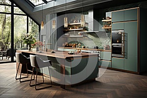 Modern, upscale kitchen featuring a sage green counter cabinet and induction