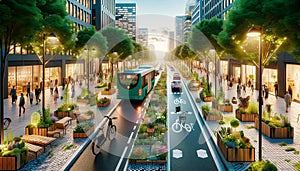 of a modern urban boulevard transformed into a sustainable urban garden photo