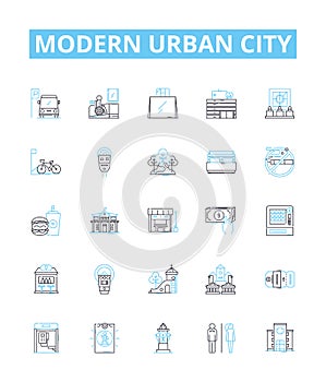 Modern urban city vector line icons set. Urban, Modern, City, Skyscrapers, Metropolis, Subway, Crowds illustration