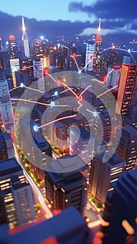 Modern urban scene with bright network connections seen photo