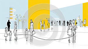 Modern Urban Scene with People Engaging in Various Activities in a Minimalist Setting